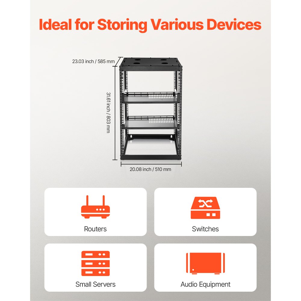 Rack δικτύου VEVOR 16U ανοιχτού πλαισίου, βάθους 585 mm, επιτοίχιο ή επιδαπέδιο, βαρέως τύπου 4 θέσεων, με αεριζόμενα ράφια και υλικό στήριξης, χωράει όλο τον εξοπλισμό δικτύωσης IT και τον εξοπλισμό AV. Rack δικτύου VEVOR 16U ανοιχτού πλαισίου, βάθους 585 mm, επιτοίχιο ή επιδαπέδιο, βαρέως τύπου 4 θέσεων, με αεριζόμενα ράφια και υλικό στήριξης, χωράει όλο τον εξοπλισμό δικτύωσης IT και τον εξοπλισμό AV.