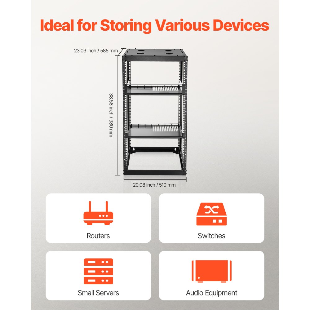 Rack δικτύου VEVOR 20U ανοιχτού πλαισίου, βάθους 585 mm, επιτοίχιο ή επιδαπέδιο, βαρέως τύπου 4 θέσεων, με αεριζόμενα ράφια και υλικό στήριξης, χωράει όλο τον εξοπλισμό δικτύωσης IT και τον εξοπλισμό AV. Rack δικτύου VEVOR 20U ανοιχτού πλαισίου, βάθους 585 mm, επιτοίχιο ή επιδαπέδιο, βαρέως τύπου 4 θέσεων, με αεριζόμενα ράφια και υλικό στήριξης, χωράει όλο τον εξοπλισμό δικτύωσης IT και τον εξοπλισμό AV.