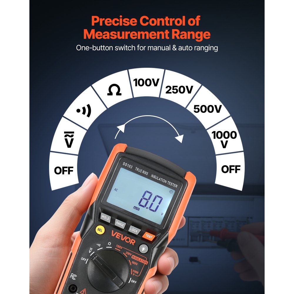 Ψηφιακό πολύμετρο VEVOR, βολτόμετρο TRMS 4000 μετρήσεων, ωμόμετρο, δοκιμαστής τάσης 1000V AC/DC με δυνατότητα εναλλαγής αυτόματης/χειροκίνητης περιοχής για μέτρηση τάσης, αντίστασης και συνέχειας Ψηφιακό πολύμετρο VEVOR, βολτόμετρο TRMS 4000 μετρήσεων, ωμόμετρο, δοκιμαστής τάσης 1000V AC/DC με δυνατότητα εναλλαγής αυτόματης/χειροκίνητης περιοχής για μέτρηση τάσης, αντίστασης και συνέχειας