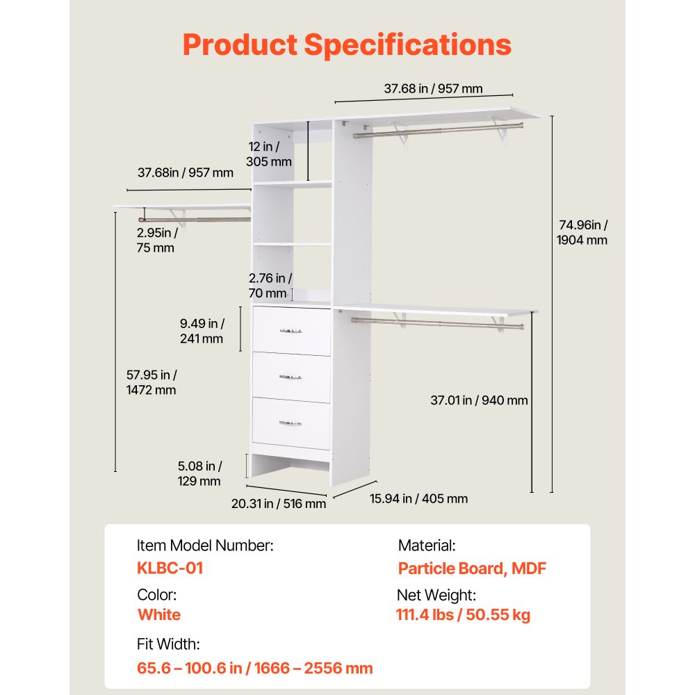 Σύστημα Ντουλαπιών VEVOR με 3 Συρτάρια, Ξύλινοι Οργανωτές Ντουλαπιών Ρυθμιζόμενου Ύψους, Μοντέρνα Οργάνωση Ντουλάπας με 3 Αναδιπλούμενες Ράβδους Κρεμάστρας, Ανεξάρτητη Ράφι Ρούχων, Λευκό Σύστημα Ντουλαπιών VEVOR με 3 Συρτάρια, Ξύλινοι Οργανωτές Ντουλαπιών Ρυθμιζόμενου Ύψους, Μοντέρνα Οργάνωση Ντουλάπας με 3 Αναδιπλούμενες Ράβδους Κρεμάστρας, Ανεξάρτητη Ράφι Ρούχων, Λευκό
