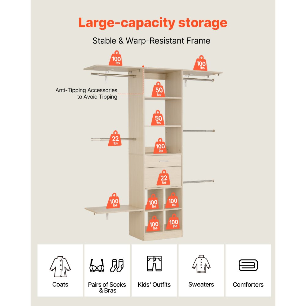 Σύστημα Ντουλαπιών VEVOR με 2 Συρτάρια, Ξύλινες Οργανωτές Ντουλαπιών Ρυθμιζόμενου Ύψους, Μοντέρνα Οργάνωση Ντουλάπας με 5 Αναδιπλούμενες Ράβδους Κρεμάστρας, Ανεξάρτητη Ράφι Ρούχων, Γκρι Σύστημα Ντουλαπιών VEVOR με 2 Συρτάρια, Ξύλινες Οργανωτές Ντουλαπιών Ρυθμιζόμενου Ύψους, Μοντέρνα Οργάνωση Ντουλάπας με 5 Αναδιπλούμενες Ράβδους Κρεμάστρας, Ανεξάρτητη Ράφι Ρούχων, Γκρι