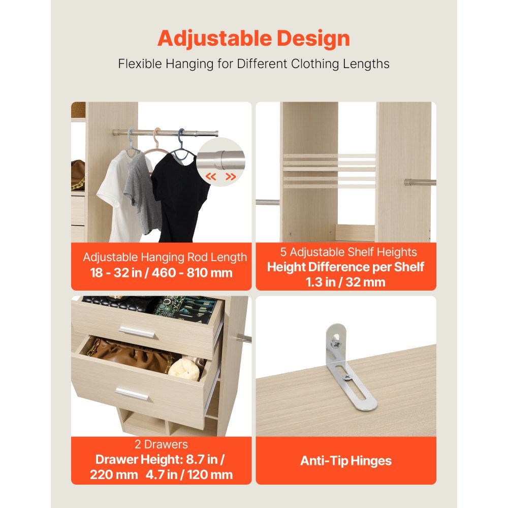 Σύστημα Ντουλαπιών VEVOR με 2 Συρτάρια, Ξύλινες Οργανωτές Ντουλαπιών Ρυθμιζόμενου Ύψους, Μοντέρνα Οργάνωση Ντουλάπας με 5 Αναδιπλούμενες Ράβδους Κρεμάστρας, Ανεξάρτητη Ράφι Ρούχων, Γκρι Σύστημα Ντουλαπιών VEVOR με 2 Συρτάρια, Ξύλινες Οργανωτές Ντουλαπιών Ρυθμιζόμενου Ύψους, Μοντέρνα Οργάνωση Ντουλάπας με 5 Αναδιπλούμενες Ράβδους Κρεμάστρας, Ανεξάρτητη Ράφι Ρούχων, Γκρι