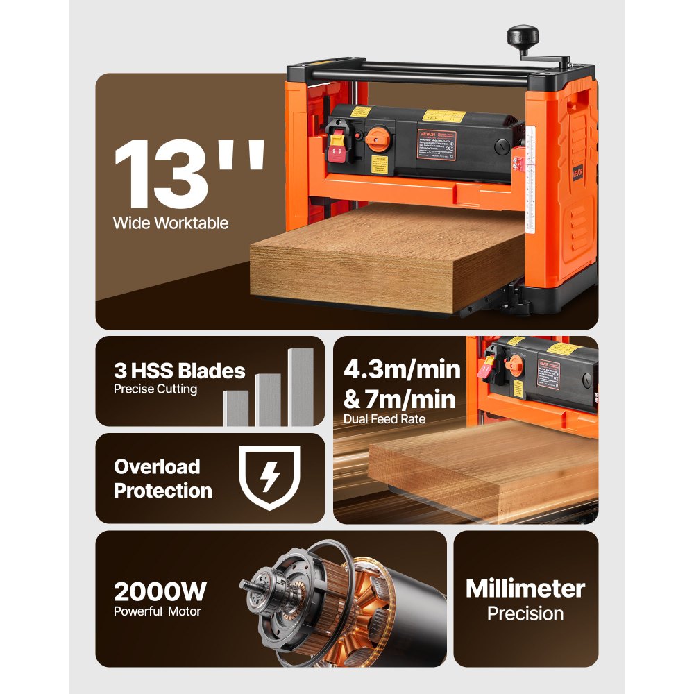 Πλάνη πάχους VEVOR, δύο ταχυτήτων, πλάτος εργασίας 330 mm, ηλεκτρική πλάνη πάγκου, τρεις λεπίδες, ισχυρός κινητήρας 2000W 23500 σ.α.λ., διπλοί κύλινδροι, προστασία από υπερφόρτωση, ξυλουργική για σκληρό και μαλακό ξύλο Πλάνη πάχους VEVOR, δύο ταχυτήτων, πλάτος εργασίας 330 mm, ηλεκτρική πλάνη πάγκου, τρεις λεπίδες, ισχυρός κινητήρας 2000W 23500 σ.α.λ., διπλοί κύλινδροι, προστασία από υπερφόρτωση, ξυλουργική για σκληρό και μαλακό ξύλο