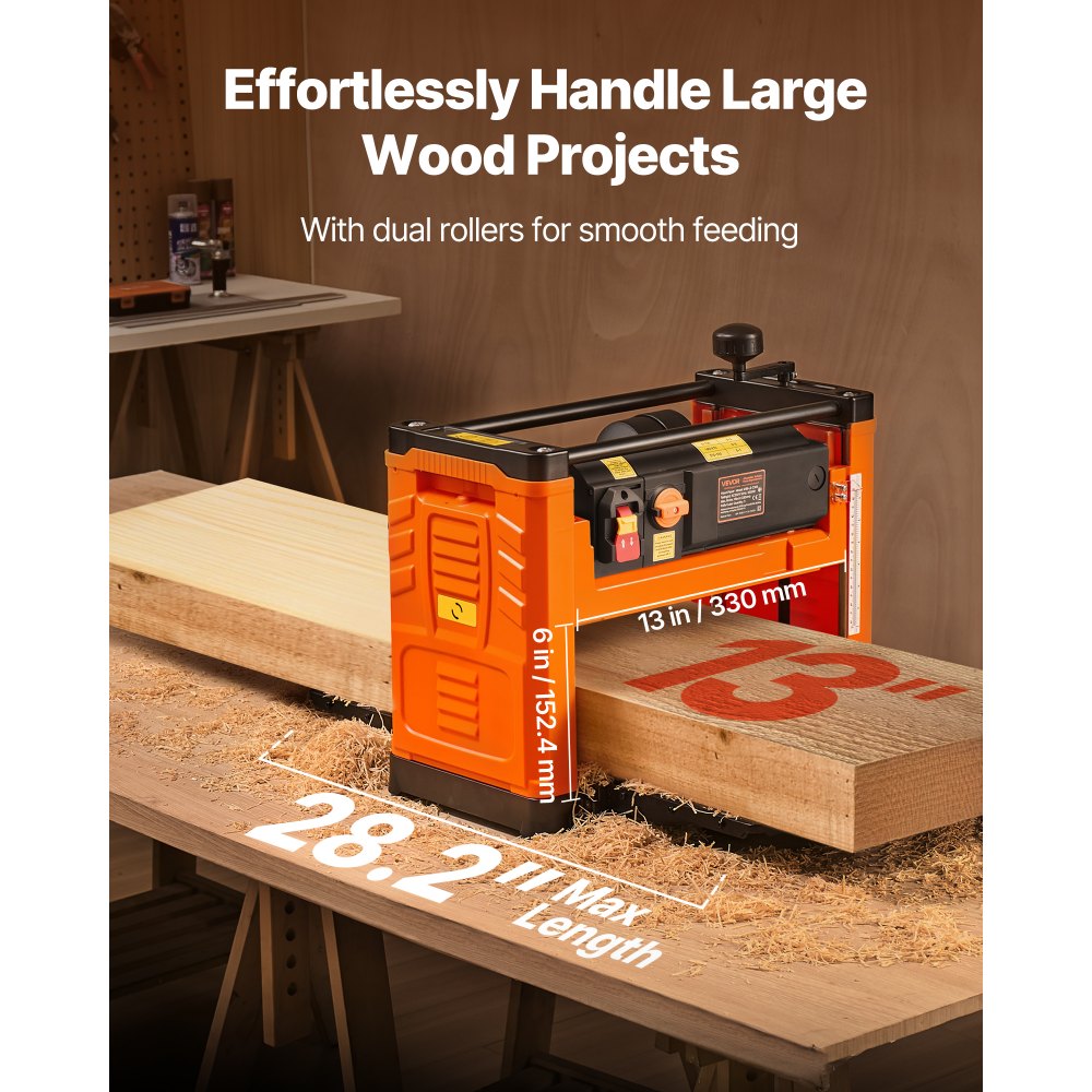 Πλάνη πάχους VEVOR, δύο ταχυτήτων, πλάτος εργασίας 330 mm, ηλεκτρική πλάνη πάγκου, τρεις λεπίδες, ισχυρός κινητήρας 2000W 23500 σ.α.λ., διπλοί κύλινδροι, προστασία από υπερφόρτωση, ξυλουργική για σκληρό και μαλακό ξύλο Πλάνη πάχους VEVOR, δύο ταχυτήτων, πλάτος εργασίας 330 mm, ηλεκτρική πλάνη πάγκου, τρεις λεπίδες, ισχυρός κινητήρας 2000W 23500 σ.α.λ., διπλοί κύλινδροι, προστασία από υπερφόρτωση, ξυλουργική για σκληρό και μαλακό ξύλο