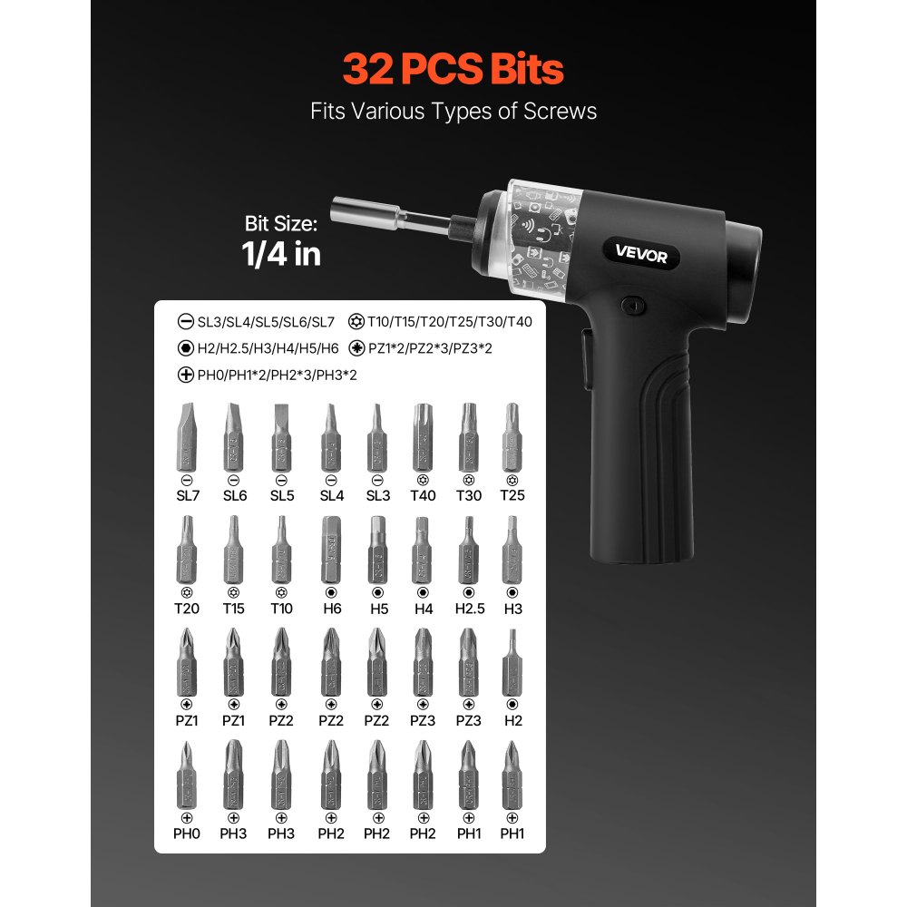 Ηλεκτρικό κατσαβίδι VEVOR, 7 ρυθμίσεις ροπής 0,5-5 Nm, μπαταρία 2500mAh, σετ κατσαβιδιών χωρίς καλώδιο με 32 μύτες 1/4 ίντσας, ψηφιακή οθόνη, φως LED, φόρτιση τύπου C, για ηλεκτρολογικές επισκευές επίπλων Ηλεκτρικό κατσαβίδι VEVOR, 7 ρυθμίσεις ροπής 0,5-5 Nm, μπαταρία 2500mAh, σετ κατσαβιδιών χωρίς καλώδιο με 32 μύτες 1/4 ίντσας, ψηφιακή οθόνη, φως LED, φόρτιση τύπου C, για ηλεκτρολογικές επισκευές επίπλων
