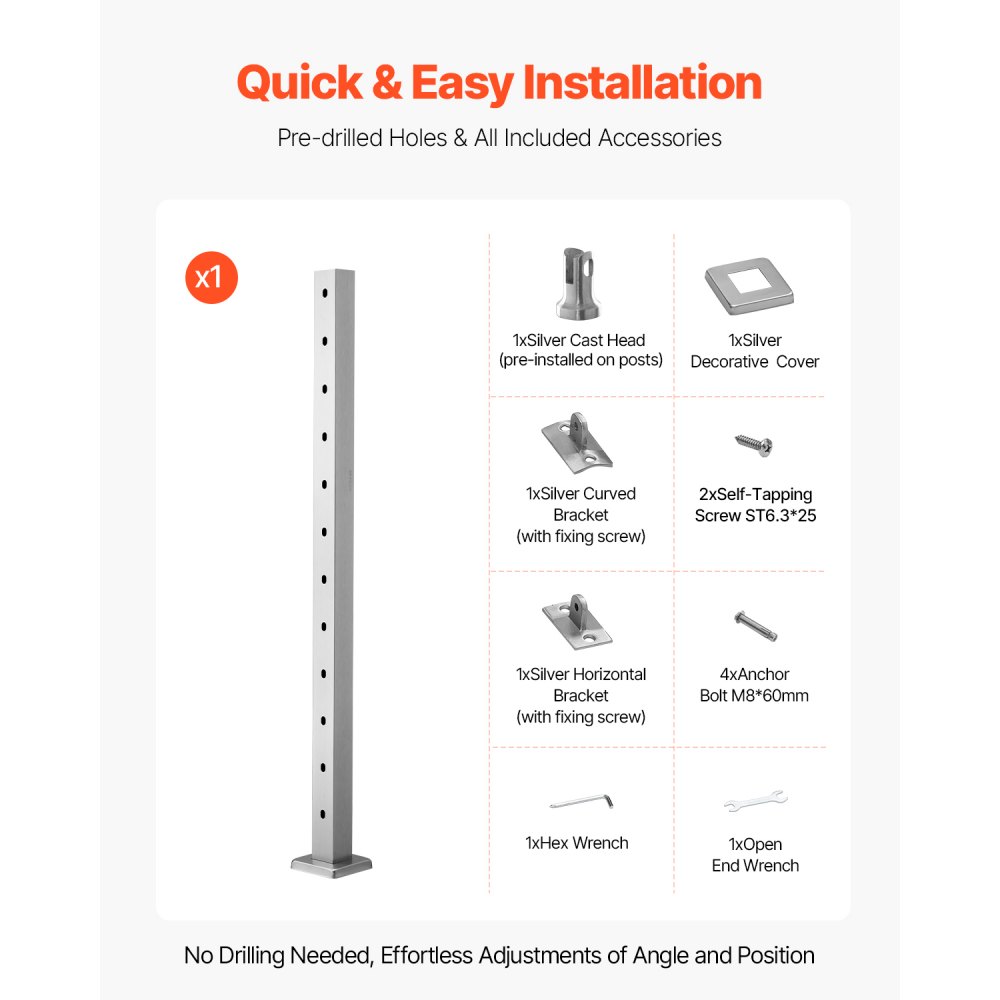 Στύλος κιγκλιδώματος καλωδίων VEVOR, στύλος κιγκλιδώματος σκάλας 42x2x2 ιντσών, με προ-τρυπημένες γωνίες 30°, στύλος ράγας καλωδίων από ανοξείδωτο χάλυβα με οριζόντια και καμπύλη βάση, 1 τεμάχιο, ασημί, 1JZLGZXYS1062TLWC001V0 Στύλος κιγκλιδώματος καλωδίων VEVOR, στύλος κιγκλιδώματος σκάλας 42x2x2 ιντσών, με προ-τρυπημένες γωνίες 30°, στύλος ράγας καλωδίων από ανοξείδωτο χάλυβα με οριζόντια και καμπύλη βάση, 1 τεμάχιο, ασημί, 1JZLGZXYS1062TLWC001V0