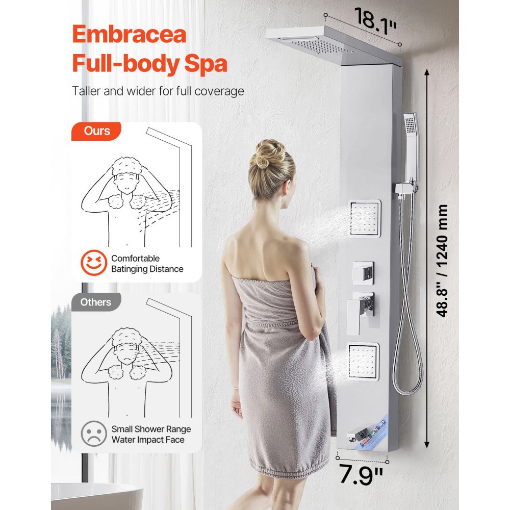 Σύστημα ντους VEVOR με πύργο ντους με κεφαλή ντους με καταρράκτη βροχής, στήλη ντους από βουρτσισμένο ανοξείδωτο ατσάλι 53 ιντσών, βρύση 5 λειτουργιών, επιτοίχιο σύστημα μασάζ βροχής με 2 ακροφύσια σώματος, χειροκίνητο, στόμιο μπανιέρας Σύστημα ντους VEVOR με πύργο ντους με κεφαλή ντους με καταρράκτη βροχής, στήλη ντους από βουρτσισμένο ανοξείδωτο ατσάλι 53 ιντσών, βρύση 5 λειτουργιών, επιτοίχιο σύστημα μασάζ βροχής με 2 ακροφύσια σώματος, χειροκίνητο, στόμιο μπανιέρας