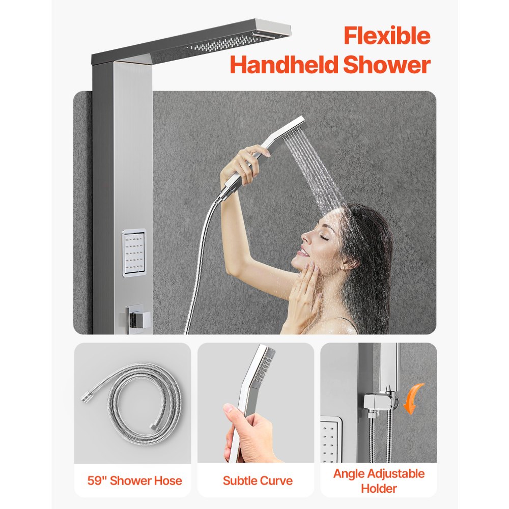 Σύστημα ντους VEVOR με πύργο ντους με κεφαλή ντους με καταρράκτη βροχής, στήλη ντους από βουρτσισμένο ανοξείδωτο ατσάλι 53 ιντσών, βρύση 5 λειτουργιών, επιτοίχιο σύστημα μασάζ βροχής με 2 ακροφύσια σώματος, χειροκίνητο, στόμιο μπανιέρας Σύστημα ντους VEVOR με πύργο ντους με κεφαλή ντους με καταρράκτη βροχής, στήλη ντους από βουρτσισμένο ανοξείδωτο ατσάλι 53 ιντσών, βρύση 5 λειτουργιών, επιτοίχιο σύστημα μασάζ βροχής με 2 ακροφύσια σώματος, χειροκίνητο, στόμιο μπανιέρας