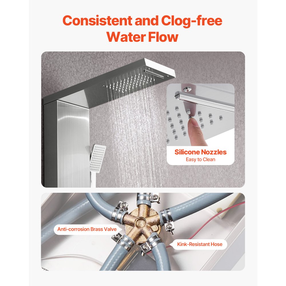 Σύστημα ντους VEVOR με πύργο ντους με κεφαλή ντους με καταρράκτη βροχής, στήλη ντους από βουρτσισμένο ανοξείδωτο ατσάλι 53 ιντσών, βρύση 5 λειτουργιών, επιτοίχιο σύστημα μασάζ βροχής με 3 ακροφύσια σώματος, χειροκίνητο, στόμιο μπανιέρας Σύστημα ντους VEVOR με πύργο ντους με κεφαλή ντους με καταρράκτη βροχής, στήλη ντους από βουρτσισμένο ανοξείδωτο ατσάλι 53 ιντσών, βρύση 5 λειτουργιών, επιτοίχιο σύστημα μασάζ βροχής με 3 ακροφύσια σώματος, χειροκίνητο, στόμιο μπανιέρας