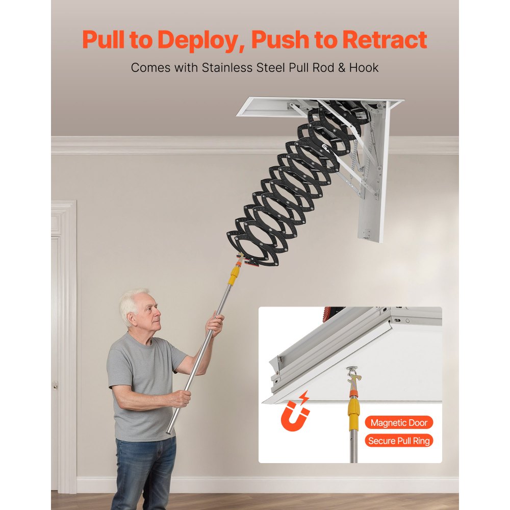 Σκάλα σοφίτας VEVOR, χωρητικότητας 660 λίβρες/299,4 κιλά, για ύψος οροφής 8,5 έως 9,4 πόδια και μέγεθος ανοίγματος 39,4 x 27,5 ίντσες, πτυσσόμενη σκάλα οροφής από κράμα χάλυβα με ράβδο έλξης για στέγη σοφίτας Σκάλα σοφίτας VEVOR, χωρητικότητας 660 λίβρες/299,4 κιλά, για ύψος οροφής 8,5 έως 9,4 πόδια και μέγεθος ανοίγματος 39,4 x 27,5 ίντσες, πτυσσόμενη σκάλα οροφής από κράμα χάλυβα με ράβδο έλξης για στέγη σοφίτας