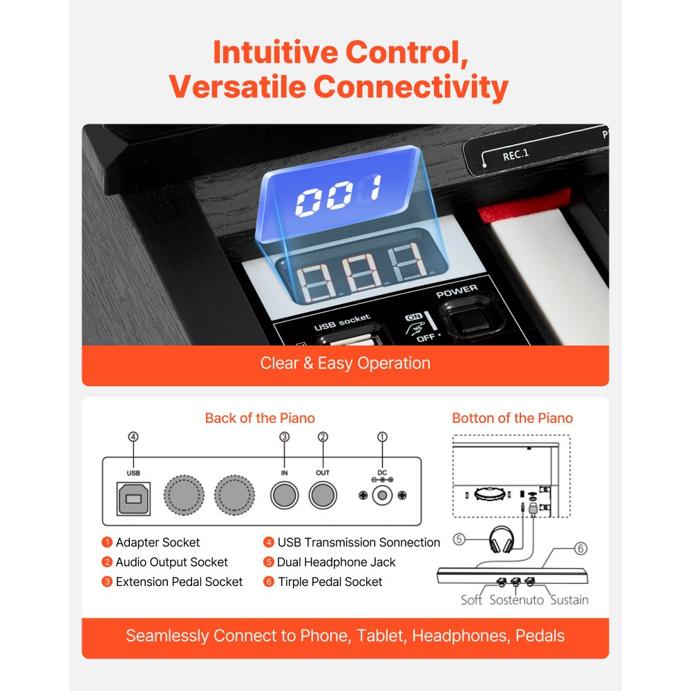 Ψηφιακό πιάνο VEVOR με βάρη, 88 πλήκτρα με πλήρη βάρη, ηλεκτρικό πληκτρολόγιο πιάνου με βάση επίπλωσης, τροφοδοτικό, τριπλό πεντάλ, 680 τόνοι, υποστήριξη ασύρματης σύνδεσης, με ακουστικά, για αρχάριους Ψηφιακό πιάνο VEVOR με βάρη, 88 πλήκτρα με πλήρη βάρη, ηλεκτρικό πληκτρολόγιο πιάνου με βάση επίπλωσης, τροφοδοτικό, τριπλό πεντάλ, 680 τόνοι, υποστήριξη ασύρματης σύνδεσης, με ακουστικά, για αρχάριους