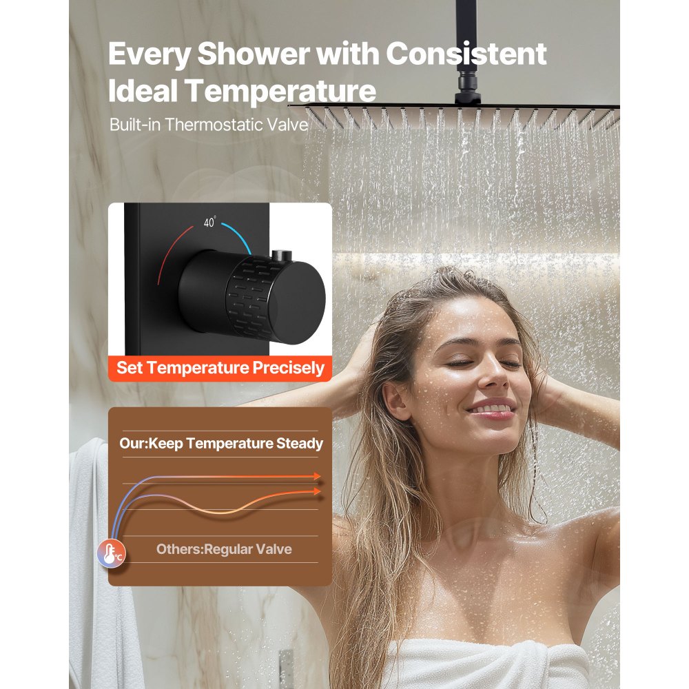 Σετ βρύσης ντους VEVOR, θερμοστατικό σύστημα ντους βροχής οροφής 406 mm με 6 ακροφύσια σώματος και ψεκασμό χειρός, περιστρεφόμενη κεφαλή βροχής 3 λειτουργιών, πλήρης ορειχάλκινη βαλβίδα και κιτ επένδυσης, ματ μαύρο Σετ βρύσης ντους VEVOR, θερμοστατικό σύστημα ντους βροχής οροφής 406 mm με 6 ακροφύσια σώματος και ψεκασμό χειρός, περιστρεφόμενη κεφαλή βροχής 3 λειτουργιών, πλήρης ορειχάλκινη βαλβίδα και κιτ επένδυσης, ματ μαύρο