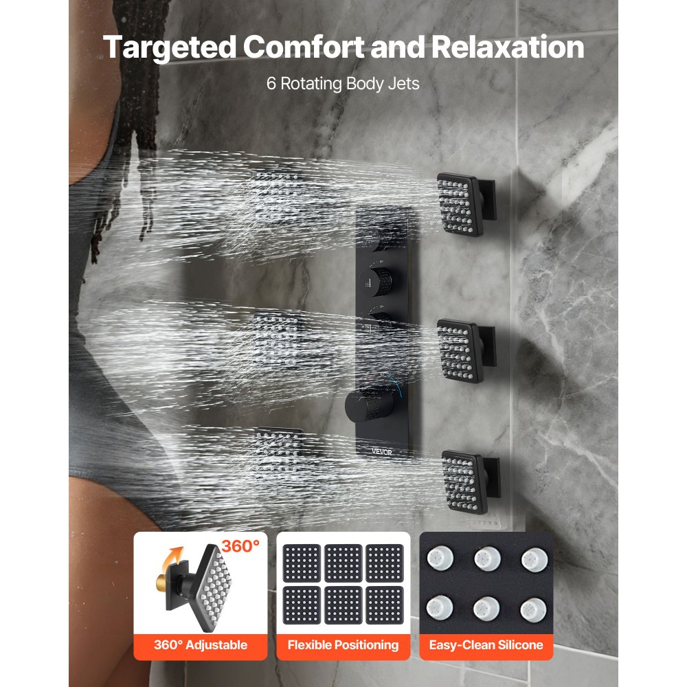 Σετ βρύσης ντους VEVOR, θερμοστατικό σύστημα ντους βροχής οροφής 406 mm με 6 ακροφύσια σώματος και ψεκασμό χειρός, περιστρεφόμενη κεφαλή βροχής 3 λειτουργιών, πλήρης ορειχάλκινη βαλβίδα και κιτ επένδυσης, ματ μαύρο Σετ βρύσης ντους VEVOR, θερμοστατικό σύστημα ντους βροχής οροφής 406 mm με 6 ακροφύσια σώματος και ψεκασμό χειρός, περιστρεφόμενη κεφαλή βροχής 3 λειτουργιών, πλήρης ορειχάλκινη βαλβίδα και κιτ επένδυσης, ματ μαύρο