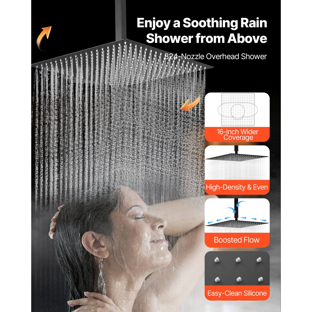Σετ βρύσης ντους VEVOR, θερμοστατικό σύστημα ντους βροχής οροφής 406 mm με 6 ακροφύσια σώματος και ψεκασμό χειρός, περιστρεφόμενη κεφαλή βροχής 3 λειτουργιών, πλήρης ορειχάλκινη βαλβίδα και κιτ επένδυσης, ματ μαύρο Σετ βρύσης ντους VEVOR, θερμοστατικό σύστημα ντους βροχής οροφής 406 mm με 6 ακροφύσια σώματος και ψεκασμό χειρός, περιστρεφόμενη κεφαλή βροχής 3 λειτουργιών, πλήρης ορειχάλκινη βαλβίδα και κιτ επένδυσης, ματ μαύρο