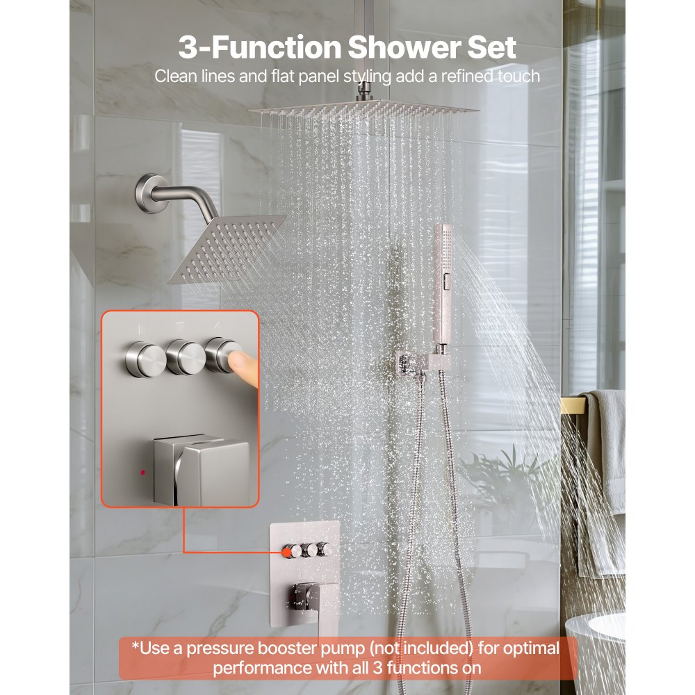Σετ βρύσης ντους VEVOR, Σύστημα ντους βροχής οροφής 254 mm με κεφαλή τοίχου 152 mm και ψεκασμό χειρός 2 σε 1, περιστρεφόμενη βαλβίδα ορείχαλκου διπλής κεφαλής βροχής 3 λειτουργιών και κιτ περιμετρικής επένδυσης, βουρτσισμένο νικέλιο Σετ βρύσης ντους VEVOR, Σύστημα ντους βροχής οροφής 254 mm με κεφαλή τοίχου 152 mm και ψεκασμό χειρός 2 σε 1, περιστρεφόμενη βαλβίδα ορείχαλκου διπλής κεφαλής βροχής 3 λειτουργιών και κιτ περιμετρικής επένδυσης, βουρτσισμένο νικέλιο