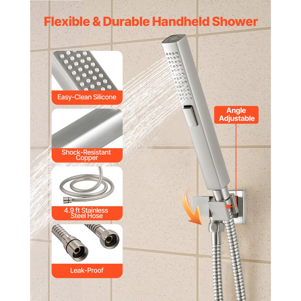 Σετ βρύσης ντους VEVOR, Σύστημα ντους βροχής οροφής 254 mm με κεφαλή τοίχου 152 mm και ψεκασμό χειρός 2 σε 1, περιστρεφόμενη βαλβίδα ορείχαλκου διπλής κεφαλής βροχής 3 λειτουργιών και κιτ περιμετρικής επένδυσης, βουρτσισμένο νικέλιο Σετ βρύσης ντους VEVOR, Σύστημα ντους βροχής οροφής 254 mm με κεφαλή τοίχου 152 mm και ψεκασμό χειρός 2 σε 1, περιστρεφόμενη βαλβίδα ορείχαλκου διπλής κεφαλής βροχής 3 λειτουργιών και κιτ περιμετρικής επένδυσης, βουρτσισμένο νικέλιο