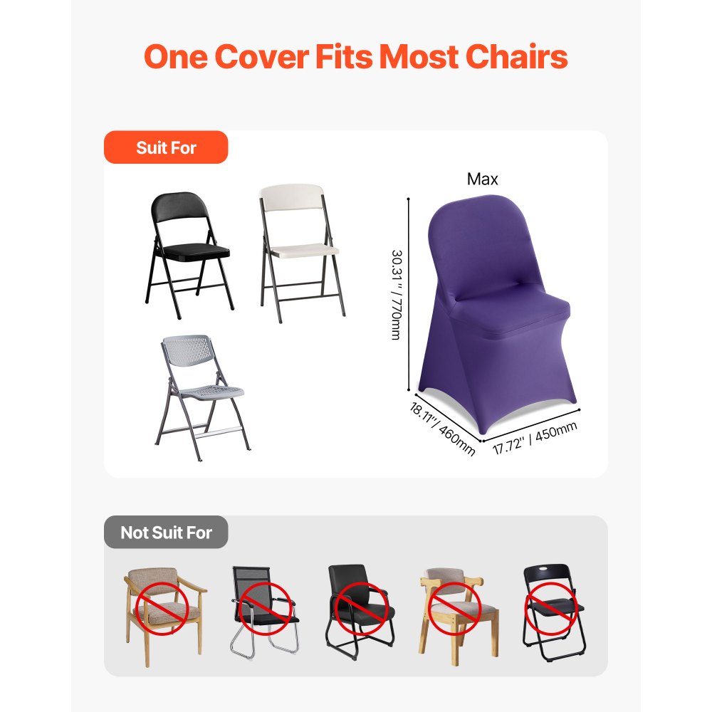 VEVOR 50 τεμάχια μωβ καλύμματα καρέκλας, κάλυμμα καρέκλας από πολυεστέρα και σπάντεξ, ελαστικά καλύμματα για γάμο, πάρτι, τραπεζαρία, δεξιώσεις, καλύμματα καρέκλας με επίπεδη πρόσοψη, κατάλληλα για καρέκλα. Διαστάσεις έως 17,72 x 18,11 x 30,31 ίντσες. VEVOR 50 τεμάχια μωβ καλύμματα καρέκλας, κάλυμμα καρέκλας από πολυεστέρα και σπάντεξ, ελαστικά καλύμματα για γάμο, πάρτι, τραπεζαρία, δεξιώσεις, καλύμματα καρέκλας με επίπεδη πρόσοψη, κατάλληλα για καρέκλα. Διαστάσεις έως 17,72 x 18,11 x 30,31 ίντσες.