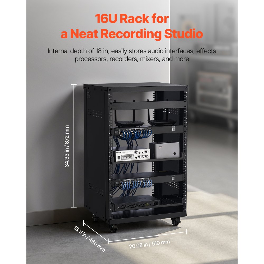 Rack AV VEVOR 16U, μέγιστη χωρητικότητα φορτίου 90,7 kg, Rack οικιακού στούντιο ηχογράφησης με κλειδώσιμες ρόδες, γραφείο διακομιστή ανοιχτού πλαισίου, ειδικός σχεδιασμός αεραγωγών, για τοποθέτηση σε εξοπλισμό ήχου, βίντεο, μουσικής και πληροφορικής Rack AV VEVOR 16U, μέγιστη χωρητικότητα φορτίου 90,7 kg, Rack οικιακού στούντιο ηχογράφησης με κλειδώσιμες ρόδες, γραφείο διακομιστή ανοιχτού πλαισίου, ειδικός σχεδιασμός αεραγωγών, για τοποθέτηση σε εξοπλισμό ήχου, βίντεο, μουσικής και πληροφορικής