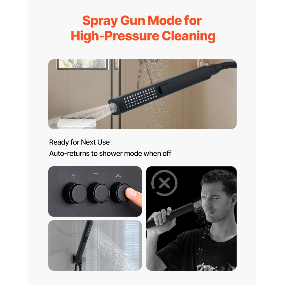 Σετ βρύσης ντους VEVOR, Σύστημα ντους βροχής οροφής 254 mm με κεφαλή τοίχου 152 mm και ψεκασμό χειρός 2 σε 1, περιστρεφόμενη βαλβίδα ορείχαλκου διπλής κεφαλής βροχής 3 λειτουργιών και κιτ περιμετρικής επένδυσης, ματ μαύρο Σετ βρύσης ντους VEVOR, Σύστημα ντους βροχής οροφής 254 mm με κεφαλή τοίχου 152 mm και ψεκασμό χειρός 2 σε 1, περιστρεφόμενη βαλβίδα ορείχαλκου διπλής κεφαλής βροχής 3 λειτουργιών και κιτ περιμετρικής επένδυσης, ματ μαύρο