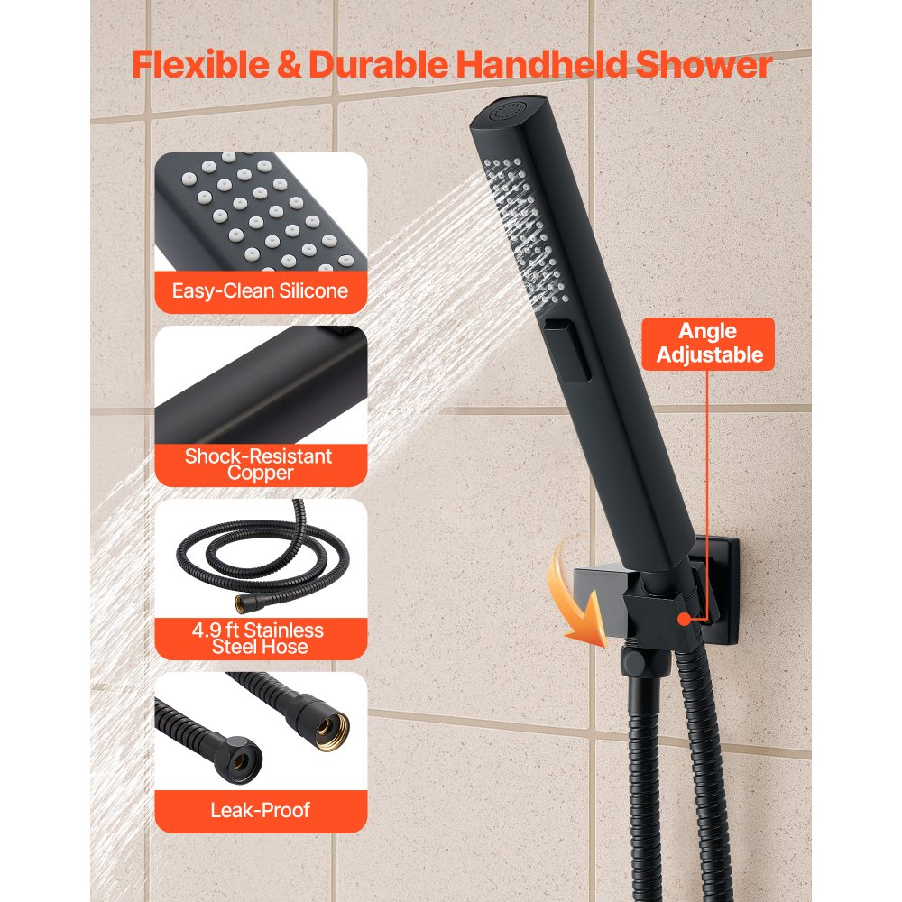 Σετ βρύσης ντους VEVOR, Σύστημα ντους βροχής οροφής 254 mm με κεφαλή τοίχου 152 mm και ψεκασμό χειρός 2 σε 1, περιστρεφόμενη βαλβίδα ορείχαλκου διπλής κεφαλής βροχής 3 λειτουργιών και κιτ περιμετρικής επένδυσης, ματ μαύρο Σετ βρύσης ντους VEVOR, Σύστημα ντους βροχής οροφής 254 mm με κεφαλή τοίχου 152 mm και ψεκασμό χειρός 2 σε 1, περιστρεφόμενη βαλβίδα ορείχαλκου διπλής κεφαλής βροχής 3 λειτουργιών και κιτ περιμετρικής επένδυσης, ματ μαύρο