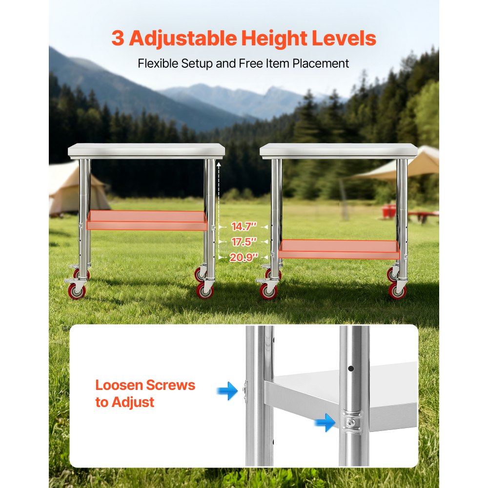 Τραπέζι VEVOR από ανοξείδωτο ατσάλι, τραπέζι εργασίας προετοιμασίας φαγητού 60 x 90 cm με ρόδες, τραπέζι προετοιμασίας κουζίνας με ρυθμιζόμενους σταθμούς εργασίας κάτω από ράφι για επαγγελματική κουζίνα, εστιατόριο, ξενοδοχείο και γκαράζ, εξωτερικού χώρου Τραπέζι VEVOR από ανοξείδωτο ατσάλι, τραπέζι εργασίας προετοιμασίας φαγητού 60 x 90 cm με ρόδες, τραπέζι προετοιμασίας κουζίνας με ρυθμιζόμενους σταθμούς εργασίας κάτω από ράφι για επαγγελματική κουζίνα, εστιατόριο, ξενοδοχείο και γκαράζ, εξωτερικού χώρου