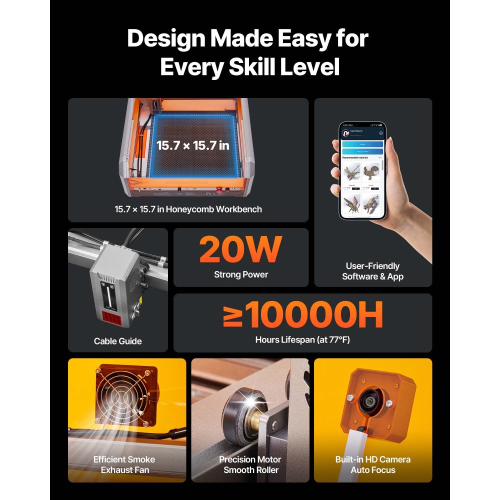 Χαρακτήρας λέιζερ VEVOR, 20W, Μηχανή χάραξης και κοπής λέιζερ με κάμερα περιβλήματος, Κόφτης λέιζερ, Περιοχή εργασίας 400 x 400 mm, 30000 mm/min, για ξύλο, δέρμα, γυαλί, χαρτί, ορισμένα μέταλλα, κλάση 1 Χαρακτήρας λέιζερ VEVOR, 20W, Μηχανή χάραξης και κοπής λέιζερ με κάμερα περιβλήματος, Κόφτης λέιζερ, Περιοχή εργασίας 400 x 400 mm, 30000 mm/min, για ξύλο, δέρμα, γυαλί, χαρτί, ορισμένα μέταλλα, κλάση 1