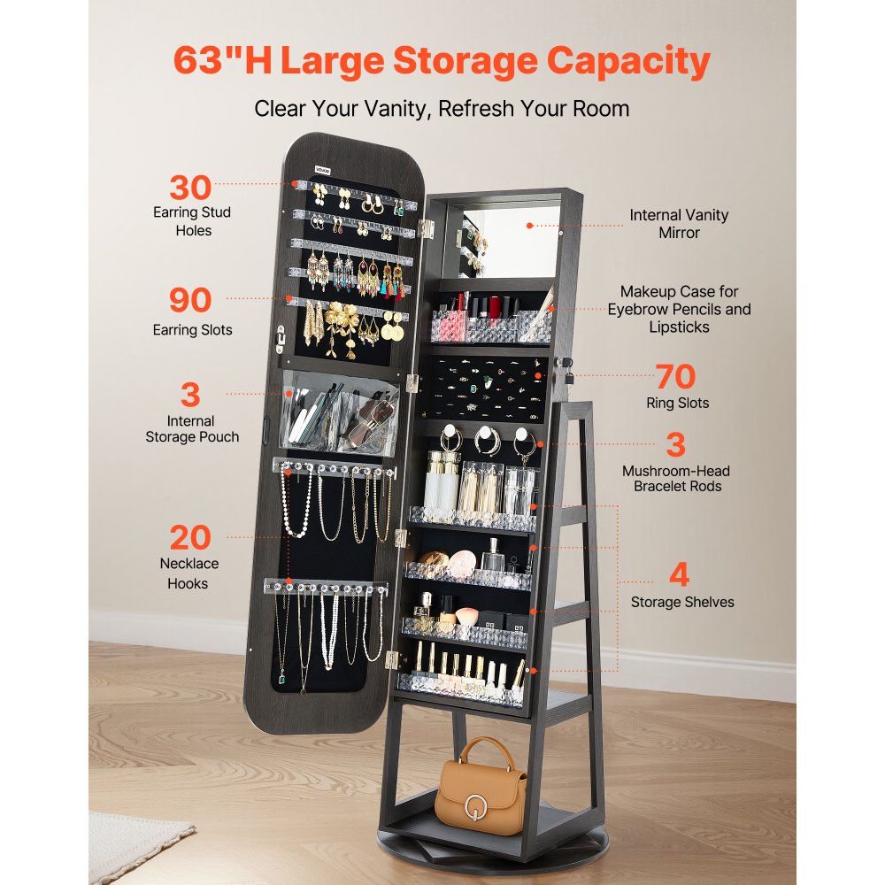 Κοσμηματοθήκη VEVOR περιστρεφόμενη 360°, ύψος 1600 mm, καθρέφτης πλήρους μήκους με αποθηκευτικό χώρο, όρθια περιστρεφόμενη θήκη κοσμημάτων, πόρτα που κλειδώνει με 2 κλειδιά, θήκες αξεσουάρ και ράφια αποθήκευσης Κοσμηματοθήκη VEVOR περιστρεφόμενη 360°, ύψος 1600 mm, καθρέφτης πλήρους μήκους με αποθηκευτικό χώρο, όρθια περιστρεφόμενη θήκη κοσμημάτων, πόρτα που κλειδώνει με 2 κλειδιά, θήκες αξεσουάρ και ράφια αποθήκευσης