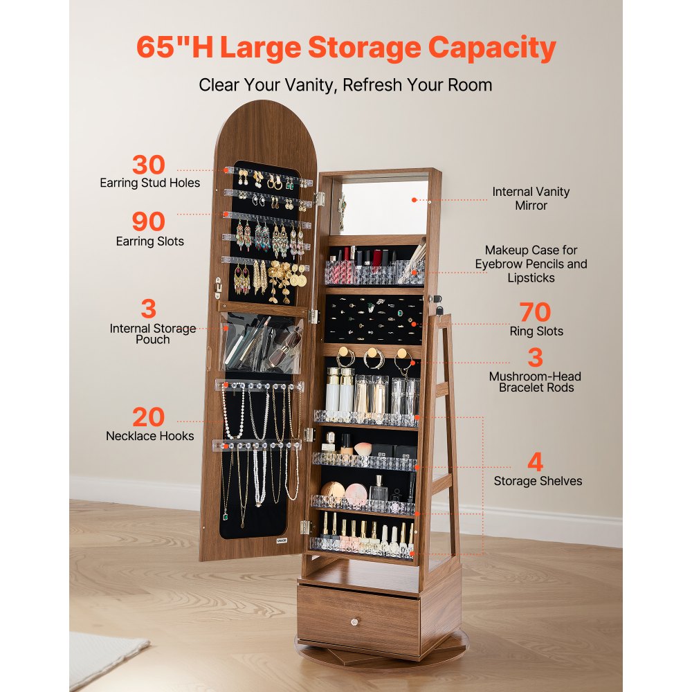 Κοσμηματοθήκη VEVOR περιστρεφόμενη 360°, ύψος 1655 mm, καθρέφτης πλήρους μήκους με αποθηκευτικό χώρο, όρθια περιστρεφόμενη θήκη οργάνωσης κοσμημάτων, κλειδώνει με 2 κλειδιά, θήκες αξεσουάρ, ράφια αποθήκευσης και συρτάρι Κοσμηματοθήκη VEVOR περιστρεφόμενη 360°, ύψος 1655 mm, καθρέφτης πλήρους μήκους με αποθηκευτικό χώρο, όρθια περιστρεφόμενη θήκη οργάνωσης κοσμημάτων, κλειδώνει με 2 κλειδιά, θήκες αξεσουάρ, ράφια αποθήκευσης και συρτάρι