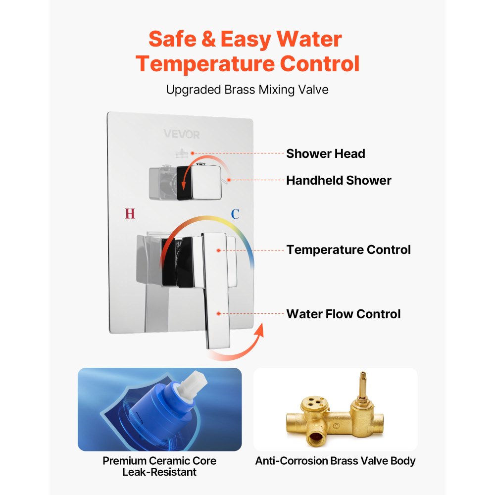 Σετ βρύσης ντους VEVOR, Σύστημα ντους μπάνιου βροχής με τετράγωνη κεφαλή ντους βροχής 10 ιντσών (25,4 cm) και φορητό ψεκαστήρα, Επιτοίχια φωτιστικά μπάνιου με ορειχάλκινη βαλβίδα και κιτ επένδυσης, Ασημί χρώμιο Σετ βρύσης ντους VEVOR, Σύστημα ντους μπάνιου βροχής με τετράγωνη κεφαλή ντους βροχής 10 ιντσών (25,4 cm) και φορητό ψεκαστήρα, Επιτοίχια φωτιστικά μπάνιου με ορειχάλκινη βαλβίδα και κιτ επένδυσης, Ασημί χρώμιο