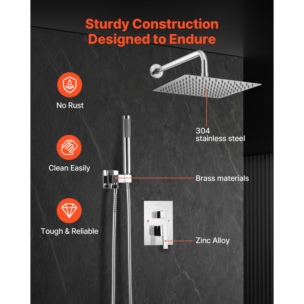 Σετ βρύσης ντους VEVOR, Σύστημα ντους μπάνιου βροχής με τετράγωνη κεφαλή ντους βροχής 10 ιντσών (25,4 cm) και φορητό ψεκαστήρα, Επιτοίχια φωτιστικά μπάνιου με ορειχάλκινη βαλβίδα και κιτ επένδυσης, Ασημί χρώμιο Σετ βρύσης ντους VEVOR, Σύστημα ντους μπάνιου βροχής με τετράγωνη κεφαλή ντους βροχής 10 ιντσών (25,4 cm) και φορητό ψεκαστήρα, Επιτοίχια φωτιστικά μπάνιου με ορειχάλκινη βαλβίδα και κιτ επένδυσης, Ασημί χρώμιο