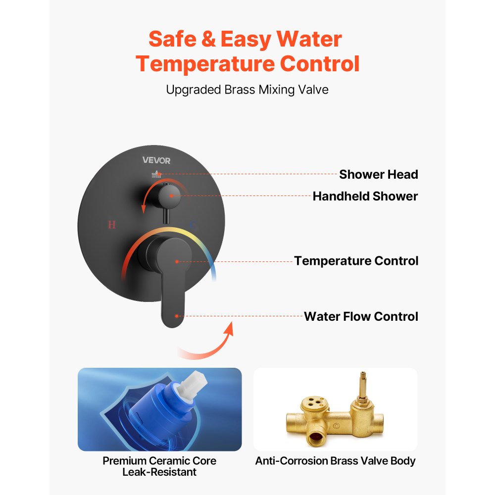 Σετ βρύσης ντους VEVOR, Σύστημα ντους μπάνιου βροχής με στρογγυλή κεφαλή ντους βροχής 12 ιντσών (30,5 cm) και φορητό ψεκαστήρα, Επιτοίχια φωτιστικά μπάνιου με ορειχάλκινη βαλβίδα και κιτ επένδυσης, Ματ μαύρο Σετ βρύσης ντους VEVOR, Σύστημα ντους μπάνιου βροχής με στρογγυλή κεφαλή ντους βροχής 12 ιντσών (30,5 cm) και φορητό ψεκαστήρα, Επιτοίχια φωτιστικά μπάνιου με ορειχάλκινη βαλβίδα και κιτ επένδυσης, Ματ μαύρο
