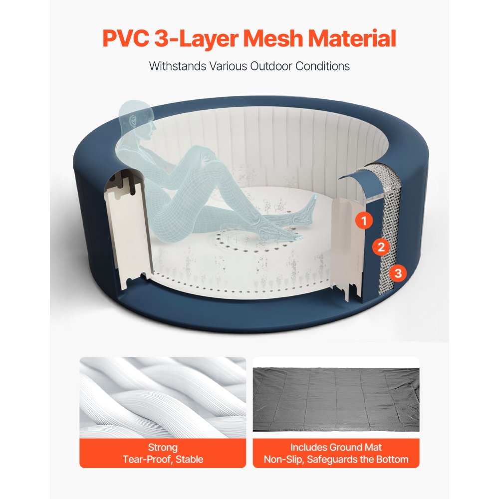 Φουσκωτό υδρομασάζ VEVOR, χωρητικότητας 4 έως 6 ατόμων, φορητό εξωτερικό σπα στρογγυλό 2080 x 660 mm, με 130 καταπραϋντικά ακροφύσια, προσκέφαλο, φως LED, κάλυμμα, πίνακα ελέγχου πολλαπλών λειτουργιών, εξωτερικό υδρομασάζ PVC, γκρι Φουσκωτό υδρομασάζ VEVOR, χωρητικότητας 4 έως 6 ατόμων, φορητό εξωτερικό σπα στρογγυλό 2080 x 660 mm, με 130 καταπραϋντικά ακροφύσια, προσκέφαλο, φως LED, κάλυμμα, πίνακα ελέγχου πολλαπλών λειτουργιών, εξωτερικό υδρομασάζ PVC, γκρι