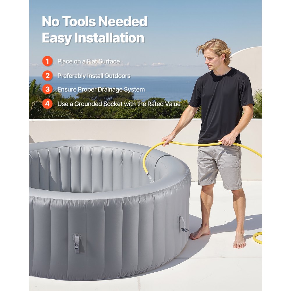Φουσκωτό υδρομασάζ VEVOR, χωρητικότητας 4 έως 6 ατόμων, φορητό εξωτερικό σπα στρογγυλό 2080 x 660 mm, με 130 καταπραϋντικά ακροφύσια, προσκέφαλο, φως LED, κάλυμμα, πίνακα ελέγχου πολλαπλών λειτουργιών, εξωτερικό υδρομασάζ PVC, γκρι Φουσκωτό υδρομασάζ VEVOR, χωρητικότητας 4 έως 6 ατόμων, φορητό εξωτερικό σπα στρογγυλό 2080 x 660 mm, με 130 καταπραϋντικά ακροφύσια, προσκέφαλο, φως LED, κάλυμμα, πίνακα ελέγχου πολλαπλών λειτουργιών, εξωτερικό υδρομασάζ PVC, γκρι