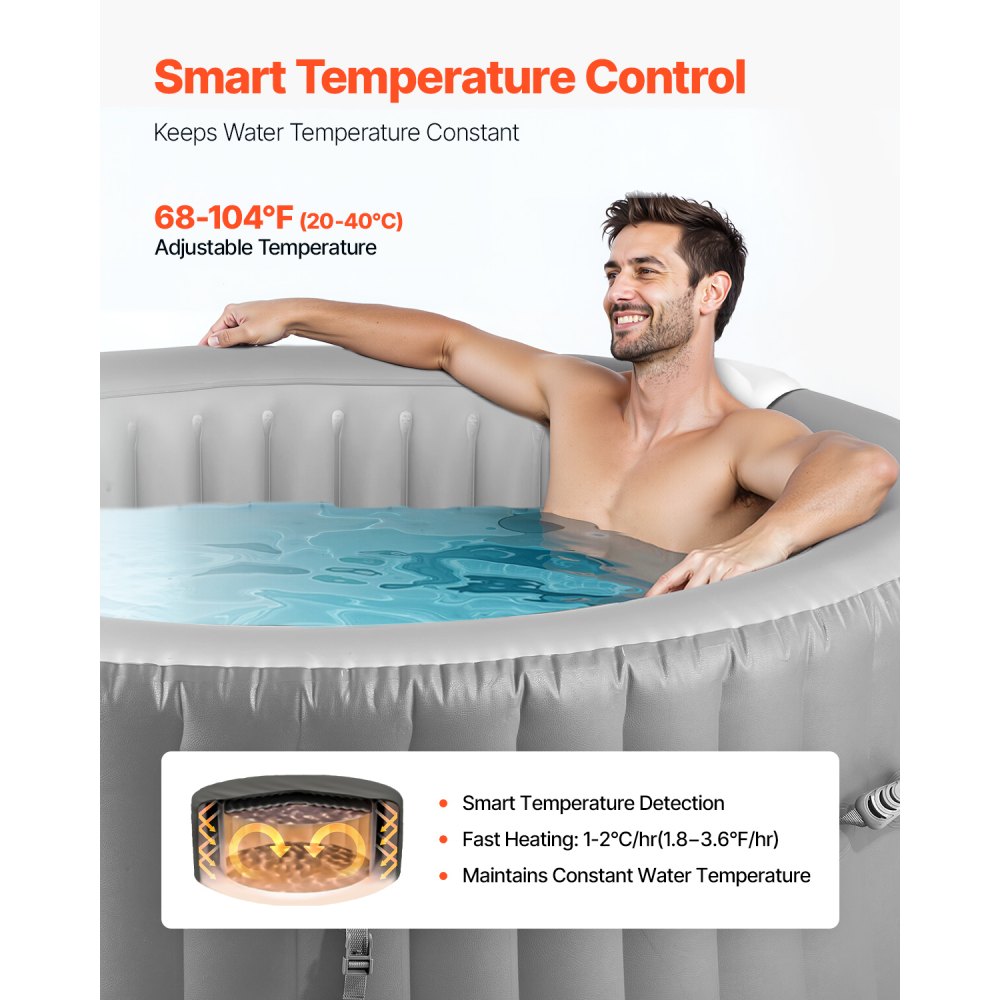 Φουσκωτό υδρομασάζ VEVOR, χωρητικότητας 6 έως 8 ατόμων, φορητό εξωτερικό σπα στρογγυλό 2400 x 660 mm, με 130 καταπραϋντικά ακροφύσια, προσκέφαλο, φως LED, κάλυμμα, πίνακα ελέγχου πολλαπλών λειτουργιών, εξωτερικό υδρομασάζ PVC, γκρι Φουσκωτό υδρομασάζ VEVOR, χωρητικότητας 6 έως 8 ατόμων, φορητό εξωτερικό σπα στρογγυλό 2400 x 660 mm, με 130 καταπραϋντικά ακροφύσια, προσκέφαλο, φως LED, κάλυμμα, πίνακα ελέγχου πολλαπλών λειτουργιών, εξωτερικό υδρομασάζ PVC, γκρι