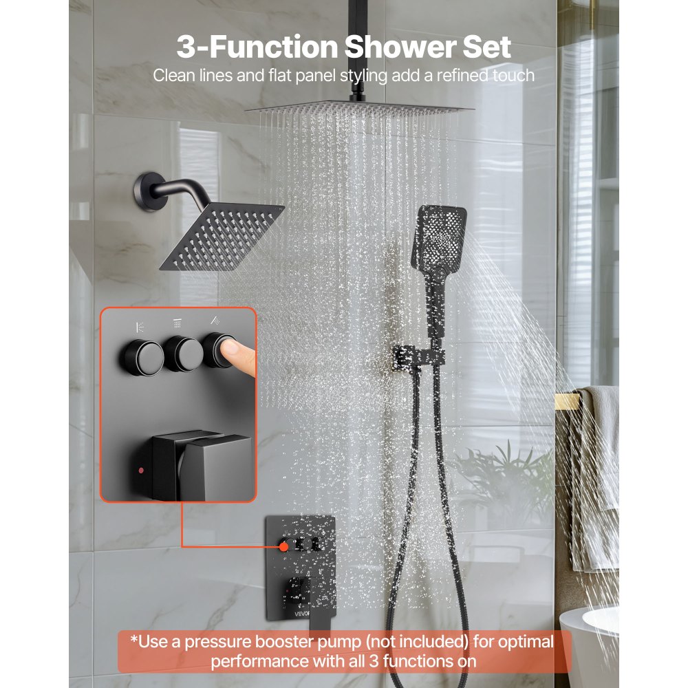 Σετ βρύσης ντους VEVOR, Σύστημα ντους βροχής οροφής 305 mm με κεφαλή τοίχου 152 mm και ψεκασμό χειρός 4 σε 1, περιστρεφόμενη βαλβίδα ορείχαλκου διπλής κεφαλής βροχής 3 λειτουργιών και κιτ περιμετρικής επένδυσης, ματ μαύρο Σετ βρύσης ντους VEVOR, Σύστημα ντους βροχής οροφής 305 mm με κεφαλή τοίχου 152 mm και ψεκασμό χειρός 4 σε 1, περιστρεφόμενη βαλβίδα ορείχαλκου διπλής κεφαλής βροχής 3 λειτουργιών και κιτ περιμετρικής επένδυσης, ματ μαύρο