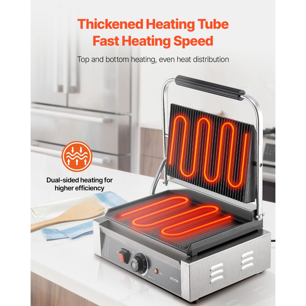 VEVOR Επαγγελματική Ψησταριά Panini, Ηλεκτρική Μηχανή Panini για Σάντουιτς 2200W, Πρέσα Σάντουιτς από Ανοξείδωτο Ατσάλι με Λαβή και Έλεγχο Θερμοκρασίας, Πλάκα από Σμάλτο 34x23 cm με Πλήρεις Αυλακώσεις, για Χάμπουργκερ, Μοσχάρι και Μπέικον VEVOR Επαγγελματική Ψησταριά Panini, Ηλεκτρική Μηχανή Panini για Σάντουιτς 2200W, Πρέσα Σάντουιτς από Ανοξείδωτο Ατσάλι με Λαβή και Έλεγχο Θερμοκρασίας, Πλάκα από Σμάλτο 34x23 cm με Πλήρεις Αυλακώσεις, για Χάμπουργκερ, Μοσχάρι και Μπέικον