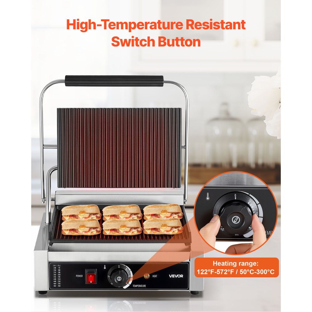 VEVOR Επαγγελματική Ψησταριά Panini, Ηλεκτρική Μηχανή Panini για Σάντουιτς 2200W, Πρέσα Σάντουιτς από Ανοξείδωτο Ατσάλι με Λαβή και Έλεγχο Θερμοκρασίας, Πλάκα από Σμάλτο 34x23 cm με Πλήρεις Αυλακώσεις, για Χάμπουργκερ, Μοσχάρι και Μπέικον VEVOR Επαγγελματική Ψησταριά Panini, Ηλεκτρική Μηχανή Panini για Σάντουιτς 2200W, Πρέσα Σάντουιτς από Ανοξείδωτο Ατσάλι με Λαβή και Έλεγχο Θερμοκρασίας, Πλάκα από Σμάλτο 34x23 cm με Πλήρεις Αυλακώσεις, για Χάμπουργκερ, Μοσχάρι και Μπέικον