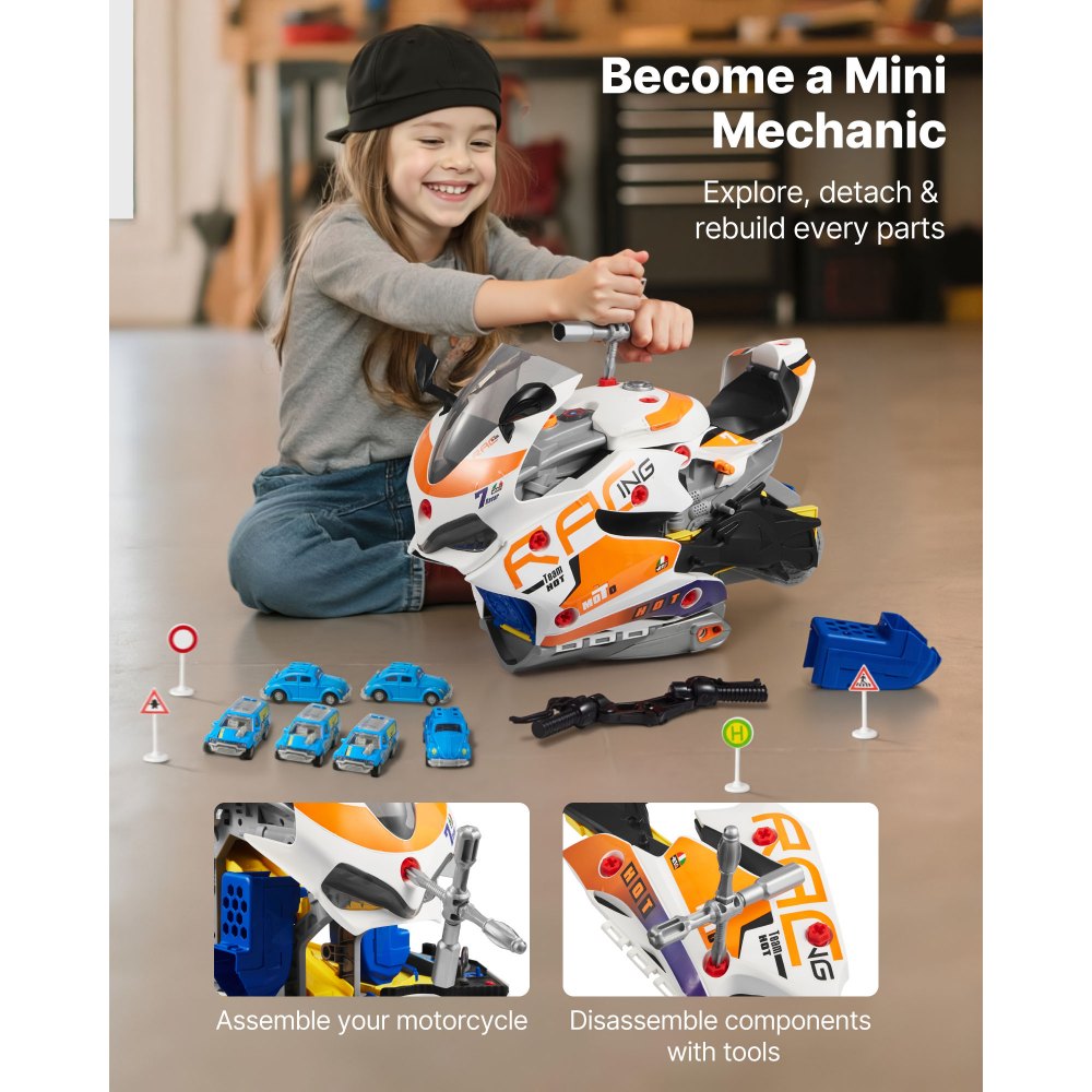 Παιχνίδι Μηχανής Μοτοσικλέτας VEVOR, 25 Τεμάχια, Παιχνίδι Μηχανικού Μοτοσικλέτας με Αφαιρούμενα Μέρη, Φώτα & Ήχους, Προσομοίωση Οδήγησης & Αγώνων Πίστας, Σετ Εργαστηρίου Μηχανικού για Παιδιά 3 Ετών και Άνω, Κίτρινο Παιχνίδι Μηχανής Μοτοσικλέτας VEVOR, 25 Τεμάχια, Παιχνίδι Μηχανικού Μοτοσικλέτας με Αφαιρούμενα Μέρη, Φώτα & Ήχους, Προσομοίωση Οδήγησης & Αγώνων Πίστας, Σετ Εργαστηρίου Μηχανικού για Παιδιά 3 Ετών και Άνω, Κίτρινο
