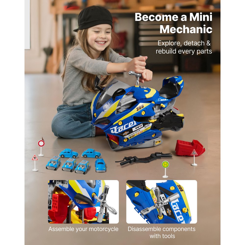 Παιχνίδι Μηχανής Μοτοσικλέτας VEVOR, 25 Τεμάχια, Παιχνίδι Μηχανικού Μοτοσικλέτας με Αφαιρούμενα Μέρη, Φώτα & Ήχους, Προσομοίωση Οδήγησης & Αγώνων Πίστας, Σετ Εργαστηρίου Μηχανικού για Παιδιά 3 Ετών και Άνω, Μπλε Παιχνίδι Μηχανής Μοτοσικλέτας VEVOR, 25 Τεμάχια, Παιχνίδι Μηχανικού Μοτοσικλέτας με Αφαιρούμενα Μέρη, Φώτα & Ήχους, Προσομοίωση Οδήγησης & Αγώνων Πίστας, Σετ Εργαστηρίου Μηχανικού για Παιδιά 3 Ετών και Άνω, Μπλε