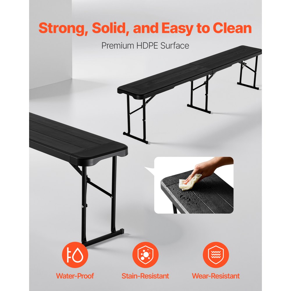 Πλαστικός πτυσσόμενος πάγκος VEVOR, φορητός πάγκος 6 ποδιών για υπαίθριο πικνίκ, πάρτι, κάμπινγκ, φαγητό, πτυσσόμενο λείο κάθισμα HDPE για ποδόσφαιρο κήπου, πολυχρηστικές ψυχαγωγικές δραστηριότητες, 2 τεμάχια, 2 τσάντες μεταφοράς, μαύρο Πλαστικός πτυσσόμενος πάγκος VEVOR, φορητός πάγκος 6 ποδιών για υπαίθριο πικνίκ, πάρτι, κάμπινγκ, φαγητό, πτυσσόμενο λείο κάθισμα HDPE για ποδόσφαιρο κήπου, πολυχρηστικές ψυχαγωγικές δραστηριότητες, 2 τεμάχια, 2 τσάντες μεταφοράς, μαύρο