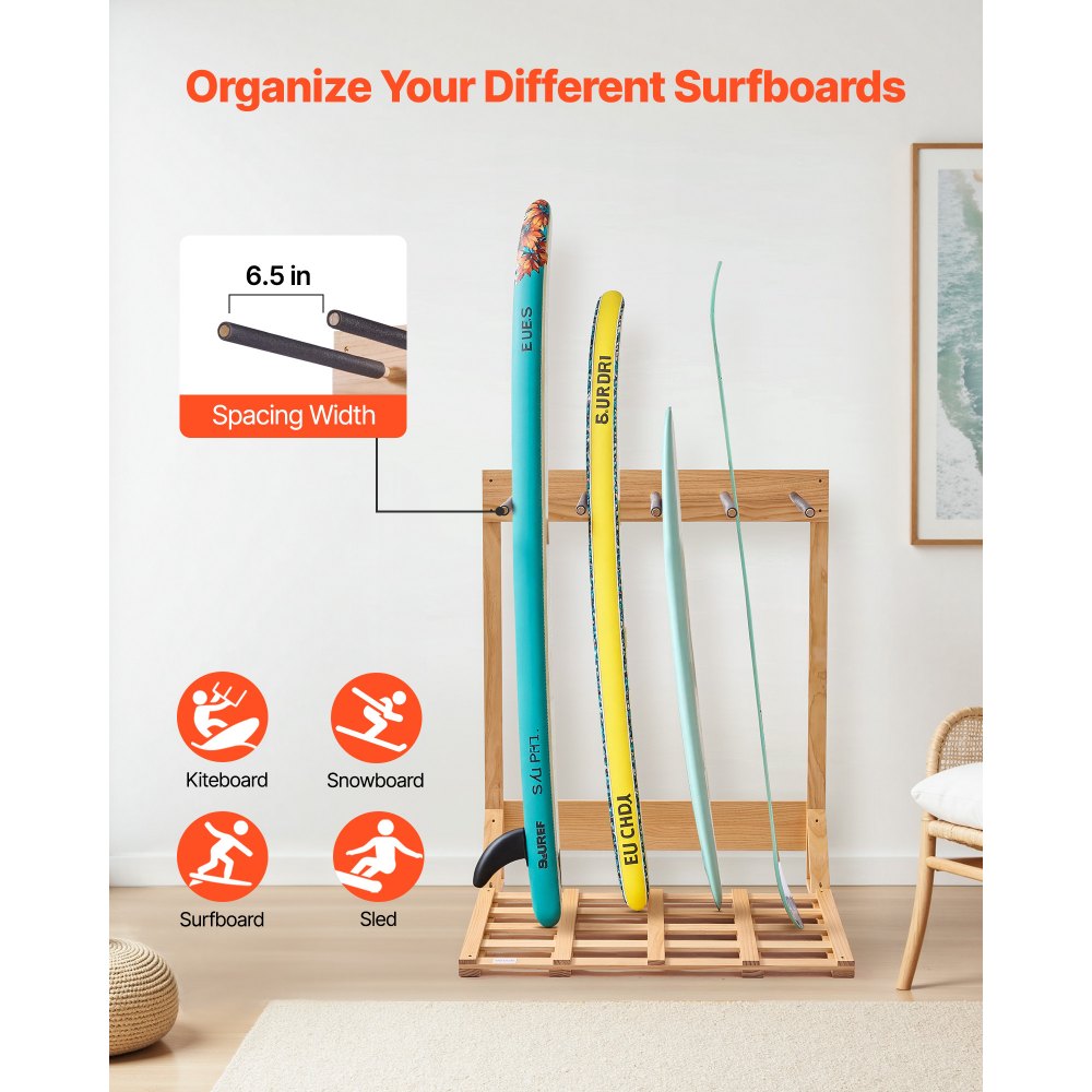VEVOR Κάθετη Βάση για Σανίδες του Σερφ, Ξύλινη Σχάρα για Σανίδες του Σερφ 4 Επιπέδων για Αποθήκευση και Επίδειξη, Ανεξάρτητη Οργάνωση Βάσης Σανίδας, Βάση Σανίδας για Wakeboard, Snowboard, Kiteboard, Shortboard, Σκι VEVOR Κάθετη Βάση για Σανίδες του Σερφ, Ξύλινη Σχάρα για Σανίδες του Σερφ 4 Επιπέδων για Αποθήκευση και Επίδειξη, Ανεξάρτητη Οργάνωση Βάσης Σανίδας, Βάση Σανίδας για Wakeboard, Snowboard, Kiteboard, Shortboard, Σκι