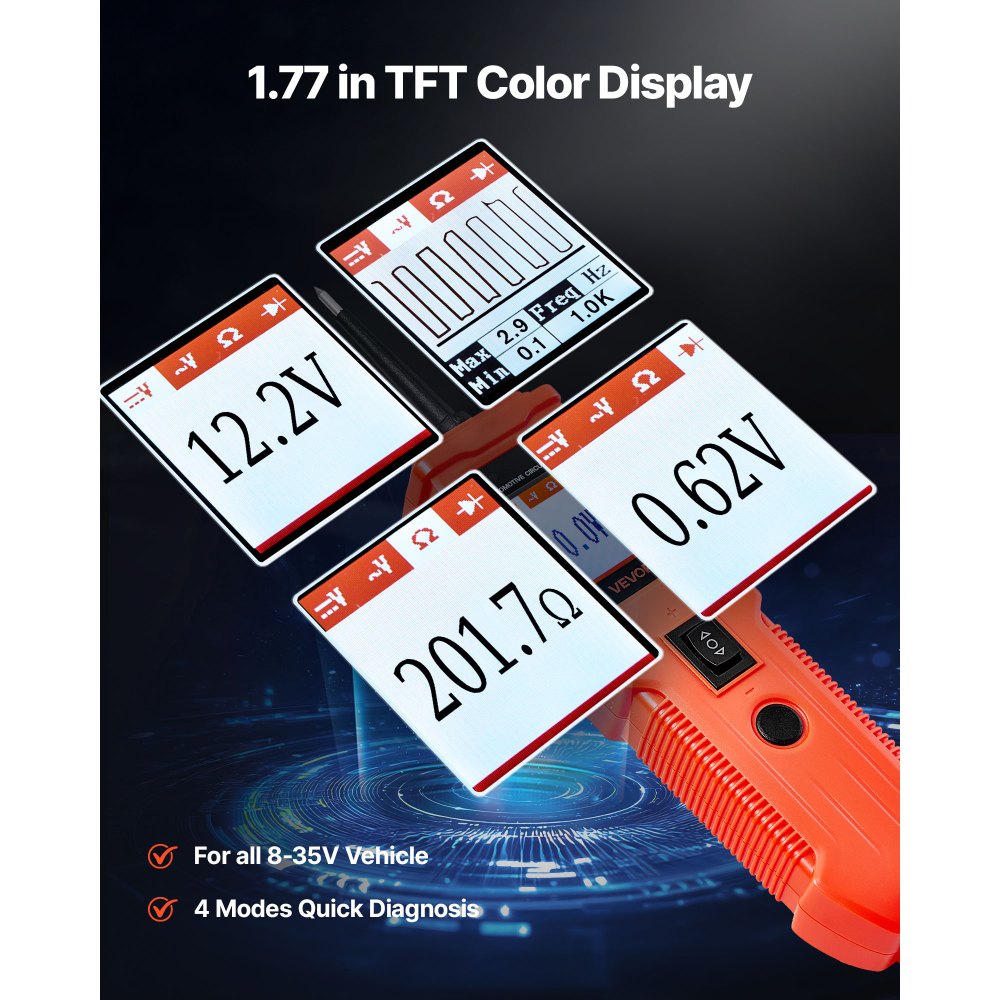 Δοκιμαστής κυκλωμάτων αυτοκινήτου VEVOR, Δοκιμαστής αισθητήρων κυκλωμάτων ισχύος DCV 8 - 35 με έγχρωμη οθόνη TFT και φωτισμό, Δοκιμαστής ισχύος αυτοκινήτου με καλώδιο 13 ft / 4 m, Ηλεκτρικός ανιχνευτής κελύφους ABS Δοκιμαστής κυκλωμάτων αυτοκινήτου VEVOR, Δοκιμαστής αισθητήρων κυκλωμάτων ισχύος DCV 8 - 35 με έγχρωμη οθόνη TFT και φωτισμό, Δοκιμαστής ισχύος αυτοκινήτου με καλώδιο 13 ft / 4 m, Ηλεκτρικός ανιχνευτής κελύφους ABS