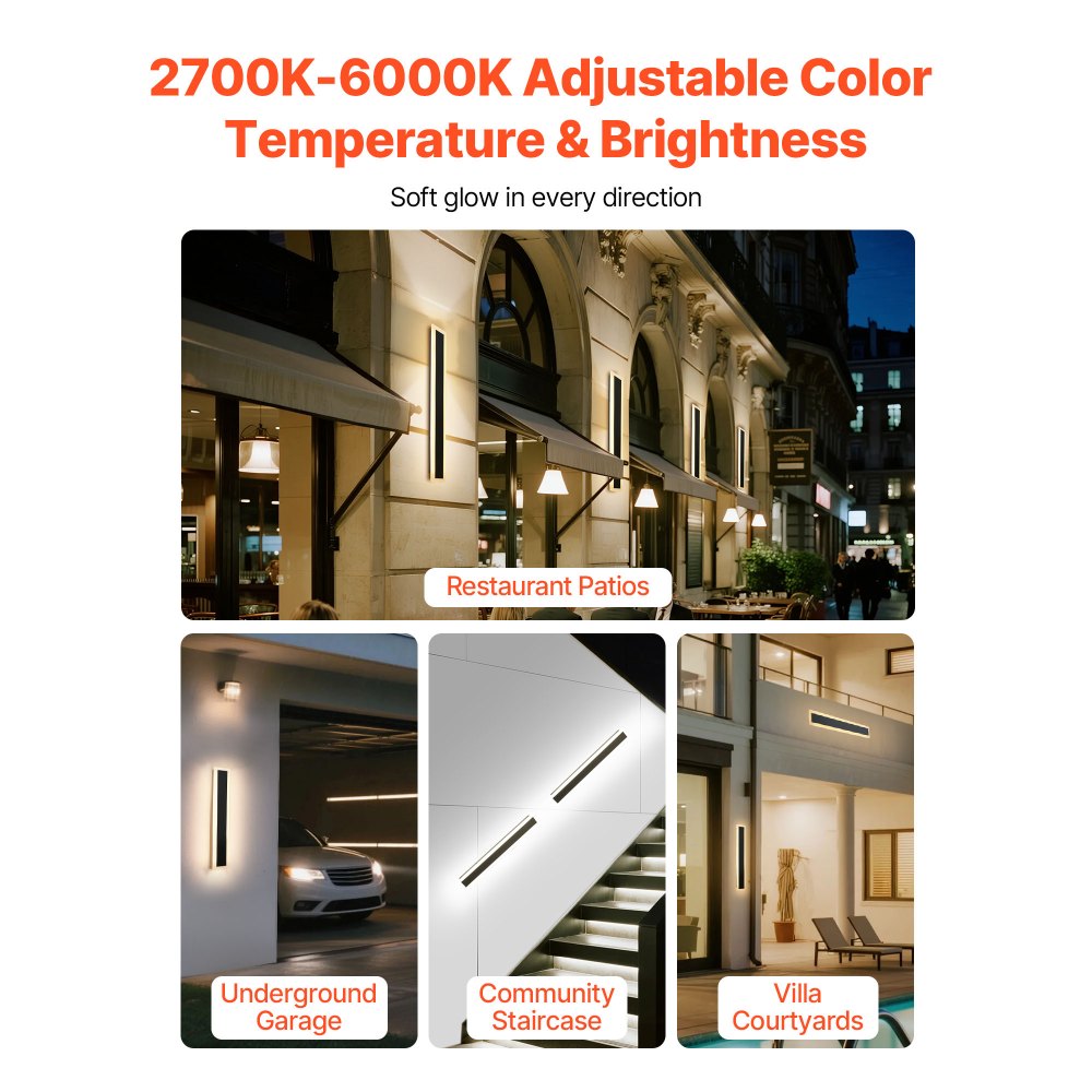 VEVOR Εξωτερικά Φωτιστικά Τοίχου, Πακέτο των 2, Μοντέρνα Εξωτερικά Φωτιστικά Τοίχου με Λωρίδα Μακράς Διάρκειας 600 mm, 2700K-6000K, IP65 Αδιάβροχο, Αντισκωριακό, Ρυθμιζόμενο Εξωτερικό Φωτιστικό Τοίχου, για Βεράντα Σπιτιού ή Γκαράζ VEVOR Εξωτερικά Φωτιστικά Τοίχου, Πακέτο των 2, Μοντέρνα Εξωτερικά Φωτιστικά Τοίχου με Λωρίδα Μακράς Διάρκειας 600 mm, 2700K-6000K, IP65 Αδιάβροχο, Αντισκωριακό, Ρυθμιζόμενο Εξωτερικό Φωτιστικό Τοίχου, για Βεράντα Σπιτιού ή Γκαράζ