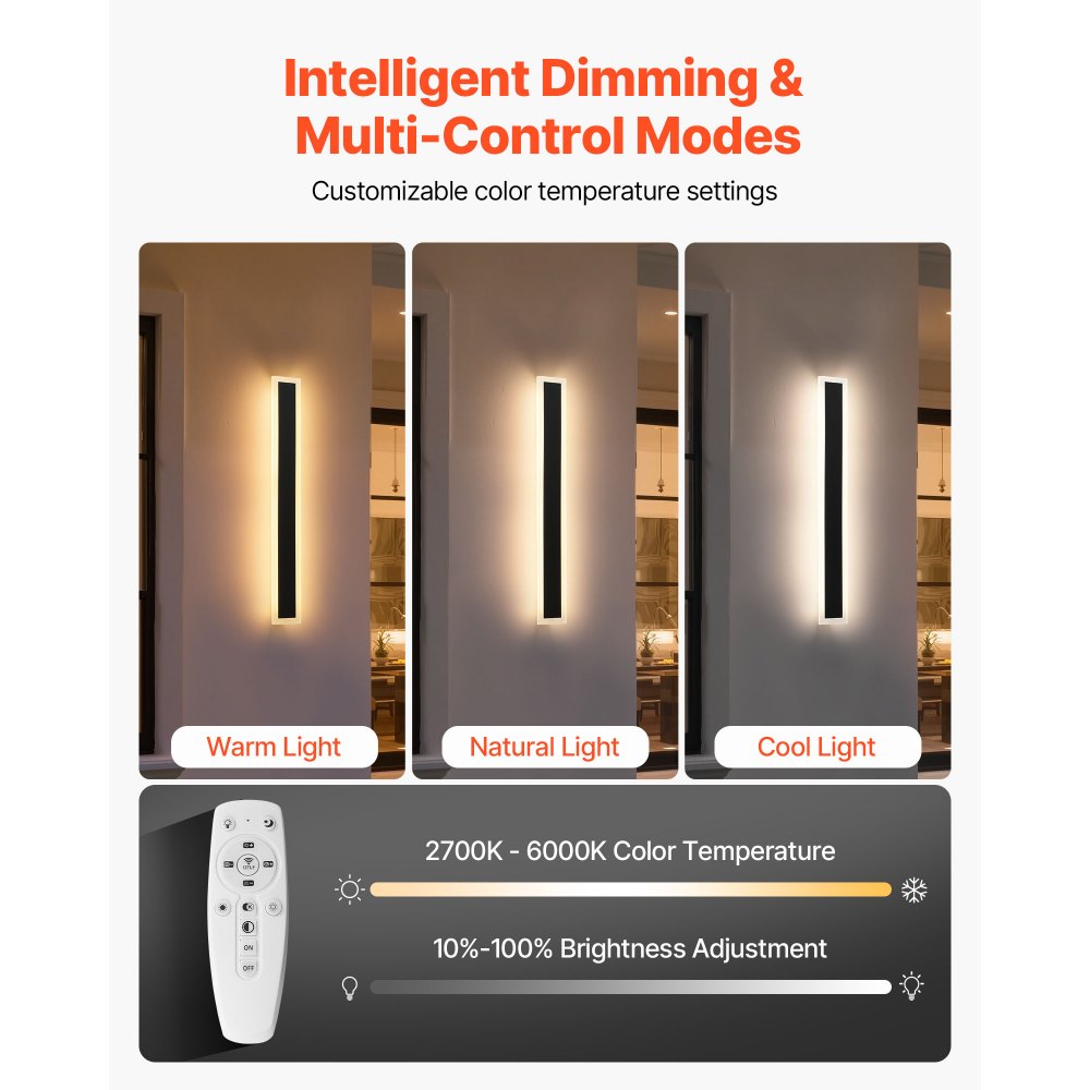 VEVOR Εξωτερικά Φωτιστικά Τοίχου, Πακέτο των 2, Μοντέρνα Εξωτερικά Φωτιστικά Τοίχου με Λωρίδα Μακράς Διάρκειας 600 mm, 2700K-6000K, IP65 Αδιάβροχο, Αντισκωριακό, Ρυθμιζόμενο Εξωτερικό Φωτιστικό Τοίχου, για Βεράντα Σπιτιού ή Γκαράζ VEVOR Εξωτερικά Φωτιστικά Τοίχου, Πακέτο των 2, Μοντέρνα Εξωτερικά Φωτιστικά Τοίχου με Λωρίδα Μακράς Διάρκειας 600 mm, 2700K-6000K, IP65 Αδιάβροχο, Αντισκωριακό, Ρυθμιζόμενο Εξωτερικό Φωτιστικό Τοίχου, για Βεράντα Σπιτιού ή Γκαράζ