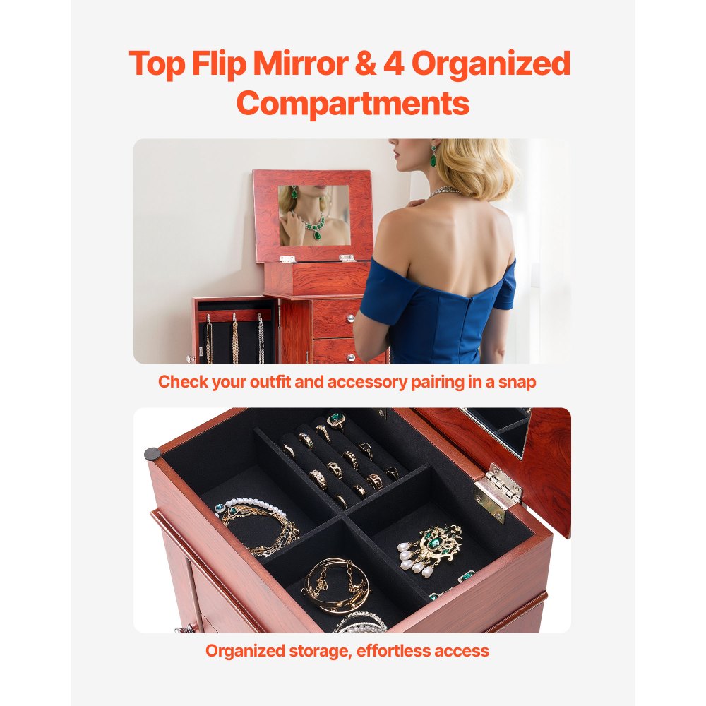 Ντουλάπι κοσμημάτων VEVOR, Ξύλινο συρτάρι αποθήκευσης κοσμημάτων με 3 συρτάρια, αναδιπλούμενος καθρέφτης, 4 επάνω διαμερίσματα αποθήκευσης, λαβές από κράμα ψευδαργύρου, 2 πλαϊνές πόρτες με 6 γάντζους κολιέ Ντουλάπι κοσμημάτων VEVOR, Ξύλινο συρτάρι αποθήκευσης κοσμημάτων με 3 συρτάρια, αναδιπλούμενος καθρέφτης, 4 επάνω διαμερίσματα αποθήκευσης, λαβές από κράμα ψευδαργύρου, 2 πλαϊνές πόρτες με 6 γάντζους κολιέ