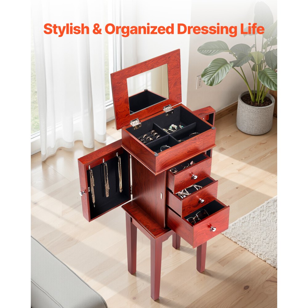Ντουλάπι κοσμημάτων VEVOR, Ξύλινο συρτάρι αποθήκευσης κοσμημάτων με 3 συρτάρια, αναδιπλούμενος καθρέφτης, 4 επάνω διαμερίσματα αποθήκευσης, λαβές από κράμα ψευδαργύρου, 2 πλαϊνές πόρτες με 6 γάντζους κολιέ Ντουλάπι κοσμημάτων VEVOR, Ξύλινο συρτάρι αποθήκευσης κοσμημάτων με 3 συρτάρια, αναδιπλούμενος καθρέφτης, 4 επάνω διαμερίσματα αποθήκευσης, λαβές από κράμα ψευδαργύρου, 2 πλαϊνές πόρτες με 6 γάντζους κολιέ