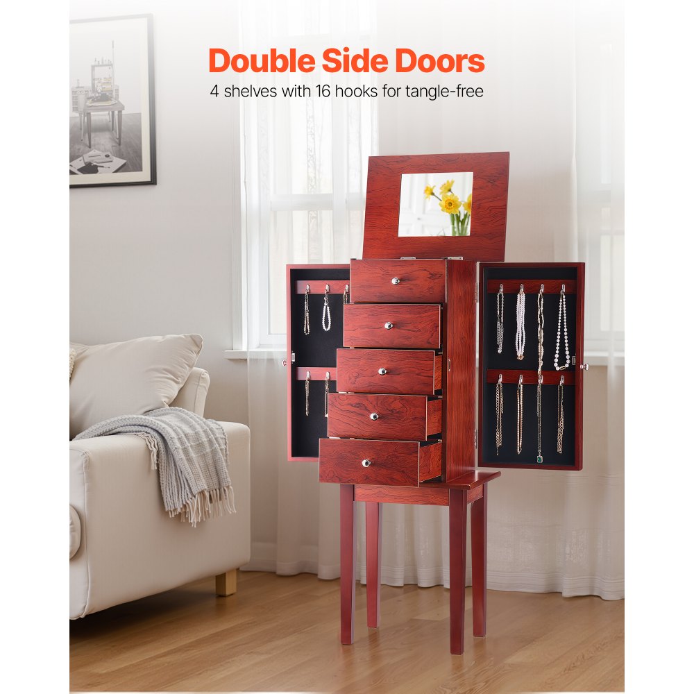 Ντουλάπι κοσμημάτων VEVOR, Ξύλινο συρτάρι αποθήκευσης κοσμημάτων με 4 ευρύχωρα συρτάρια, αναδιπλούμενος καθρέφτης, 4 επάνω διαμερίσματα αποθήκευσης, λαβές από κράμα ψευδαργύρου, 2 πλαϊνές πόρτες με 16 γάντζους κολιέ Ντουλάπι κοσμημάτων VEVOR, Ξύλινο συρτάρι αποθήκευσης κοσμημάτων με 4 ευρύχωρα συρτάρια, αναδιπλούμενος καθρέφτης, 4 επάνω διαμερίσματα αποθήκευσης, λαβές από κράμα ψευδαργύρου, 2 πλαϊνές πόρτες με 16 γάντζους κολιέ