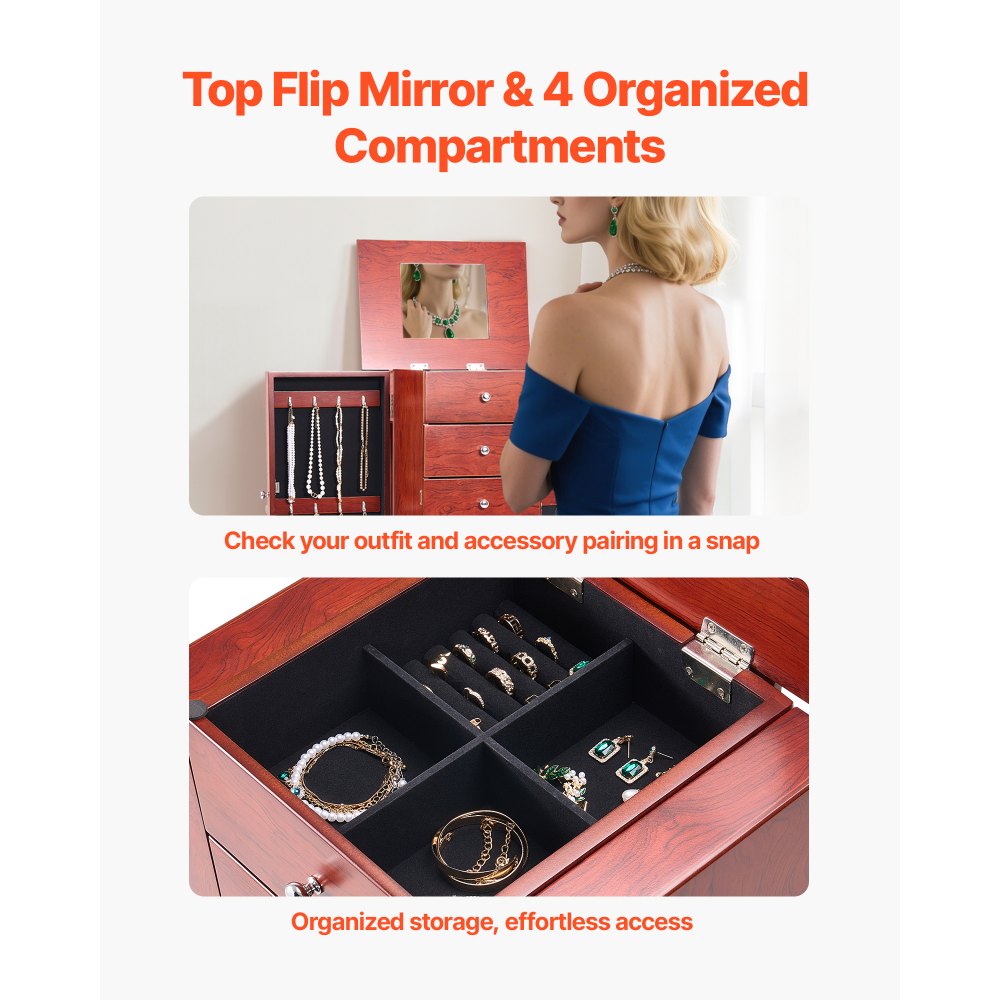 Ντουλάπι κοσμημάτων VEVOR, Ξύλινο συρτάρι αποθήκευσης κοσμημάτων με 4 ευρύχωρα συρτάρια, αναδιπλούμενος καθρέφτης, 4 επάνω διαμερίσματα αποθήκευσης, λαβές από κράμα ψευδαργύρου, 2 πλαϊνές πόρτες με 16 γάντζους κολιέ Ντουλάπι κοσμημάτων VEVOR, Ξύλινο συρτάρι αποθήκευσης κοσμημάτων με 4 ευρύχωρα συρτάρια, αναδιπλούμενος καθρέφτης, 4 επάνω διαμερίσματα αποθήκευσης, λαβές από κράμα ψευδαργύρου, 2 πλαϊνές πόρτες με 16 γάντζους κολιέ