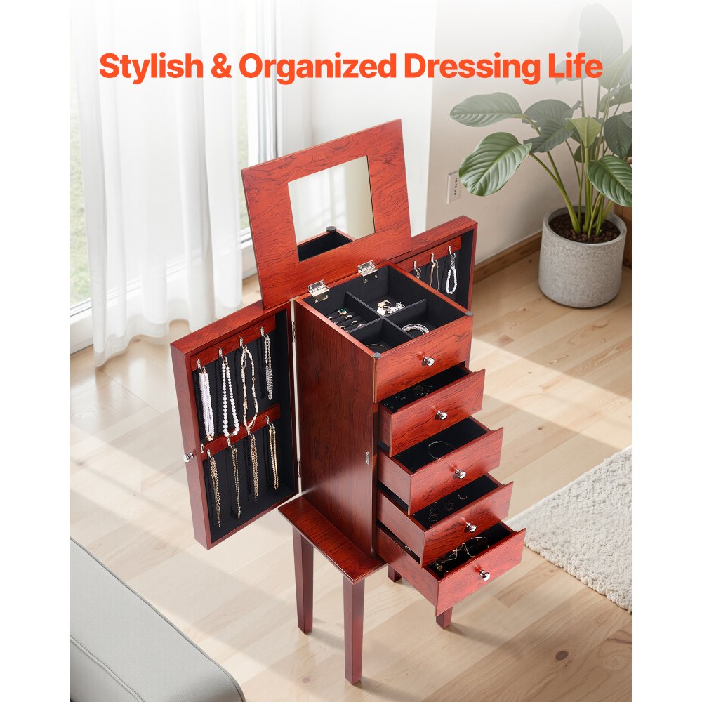 Ντουλάπι κοσμημάτων VEVOR, Ξύλινο συρτάρι αποθήκευσης κοσμημάτων με 4 ευρύχωρα συρτάρια, αναδιπλούμενος καθρέφτης, 4 επάνω διαμερίσματα αποθήκευσης, λαβές από κράμα ψευδαργύρου, 2 πλαϊνές πόρτες με 16 γάντζους κολιέ Ντουλάπι κοσμημάτων VEVOR, Ξύλινο συρτάρι αποθήκευσης κοσμημάτων με 4 ευρύχωρα συρτάρια, αναδιπλούμενος καθρέφτης, 4 επάνω διαμερίσματα αποθήκευσης, λαβές από κράμα ψευδαργύρου, 2 πλαϊνές πόρτες με 16 γάντζους κολιέ