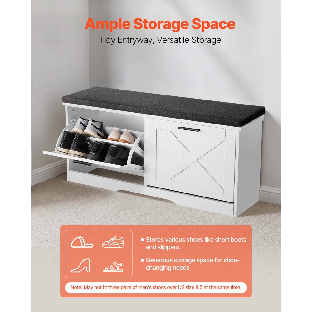 Πάγκος αποθήκευσης παπουτσιών VEVOR εισόδου, 1000 x 305 x 475 mm οργάνωση παπουτσιών με αναδιπλούμενα συρτάρια, στενός πάγκος παπουτσιών 440lbs με μαξιλάρι και αναδιπλούμενες πόρτες, για διάδρομο, σαλόνι, υπνοδωμάτιο, μαύρο + λευκό Πάγκος αποθήκευσης παπουτσιών VEVOR εισόδου, 1000 x 305 x 475 mm οργάνωση παπουτσιών με αναδιπλούμενα συρτάρια, στενός πάγκος παπουτσιών 440lbs με μαξιλάρι και αναδιπλούμενες πόρτες, για διάδρομο, σαλόνι, υπνοδωμάτιο, μαύρο + λευκό